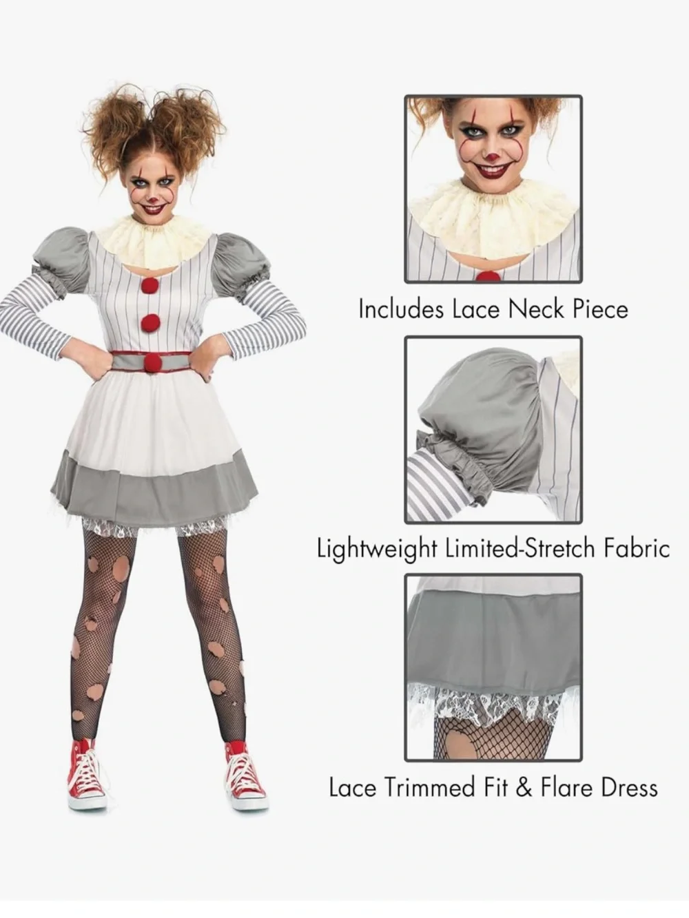 Leg Avenue Creepy Clown Costume - Gray, White, Red - Picture 3 of 4